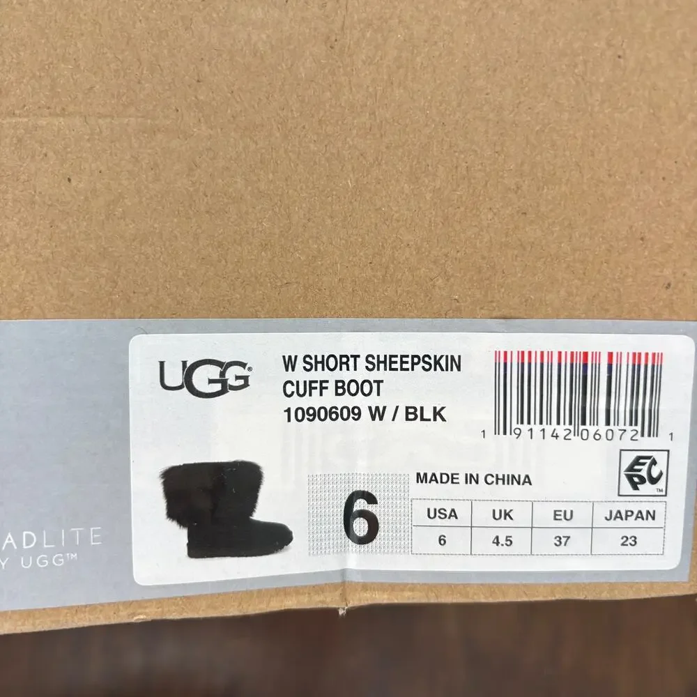 Ugg Short Sheepskin Cuff Boots 6 Black NWT Suede Fur Shearling Ankle Booties